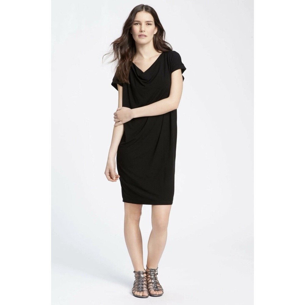 EILEEN FISHER Size L Cowl Neck Short Sleeve Shift Dress Minimalist Closet Staple